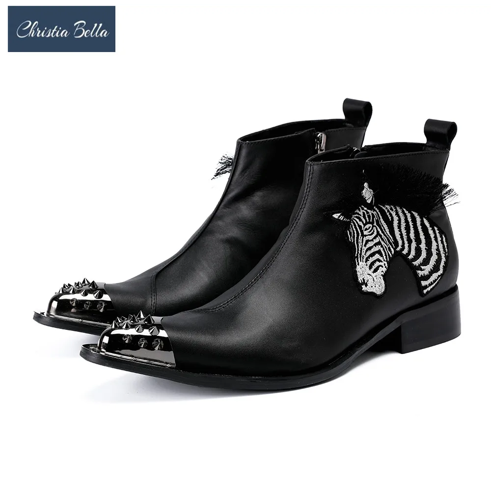 Christia Bella Fashion Genuine Leather Zebra Embroider Men Ankle Boots Formal Dress Shoes Pointed Toe Chelsea Boots Cowboy Boots