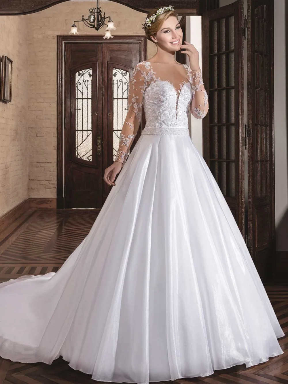 Vestido de Noiva 2017 Bead Bodice Long Sleeves Wedding Dress A-Line Taffeta Casamento Chapel Train Dresses Turkey | Свадьбы и