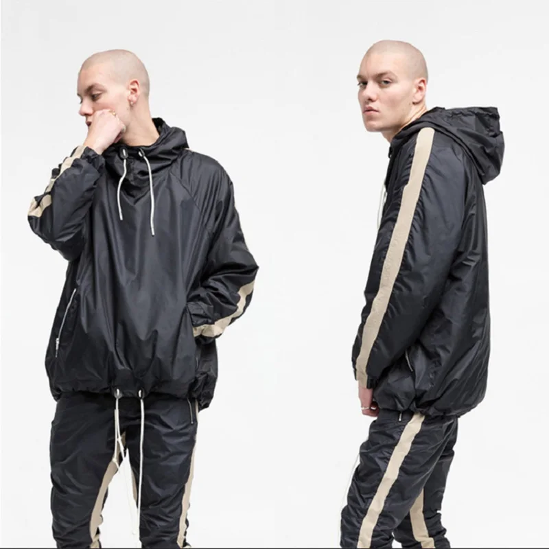 Kanye West Stripe Hooded Windbreaker Men Streetwear Colorblock Elastic Drawstring Mens Jackets and Coats Black Windbreakers Kanye West Stripe Hooded Windbreaker Men Streetwear Colorblock Elastic Drawstring Mens Jackets and Coats Black Windbreakers