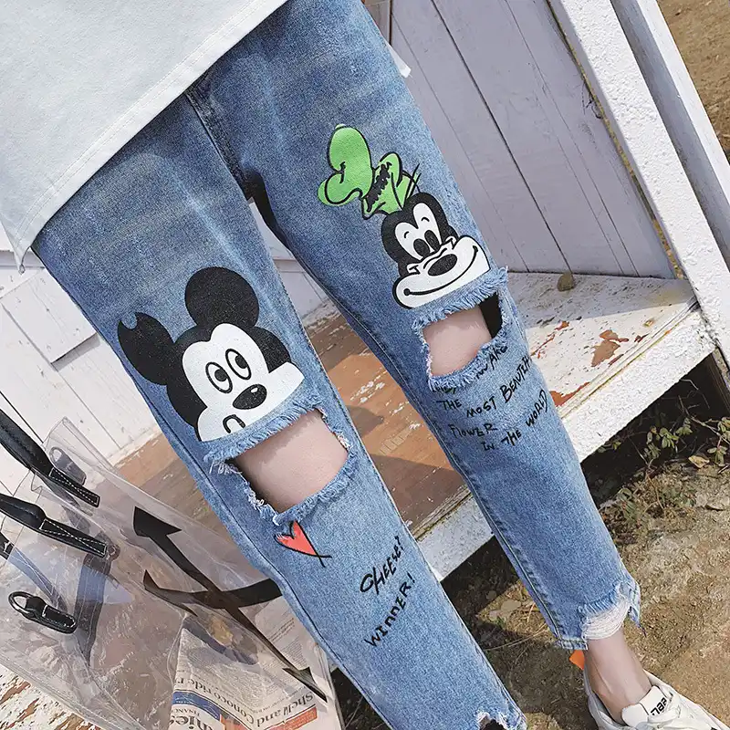 漫画ミッキーデニムマタニテ穴あき綿小道具の腹ワイド脚パンツ妊娠中の女性ropa Embarazada妊娠ズボン ジーンズ Aliexpress