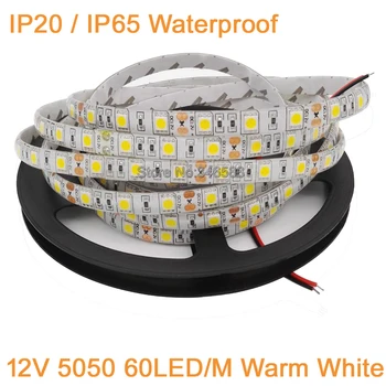 

12V 5M LED Strip 5050 DC12V Flexible LED Strip Light IP20 / IP65 Waterproof 5m/lot Warm White LED Strip 60 LED/M