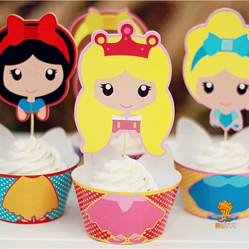 

12set Kids birthday Party Cupcake Wrappers Favors Mermaid Cinderella Snow white pincess Cup Cake Toppers Picks