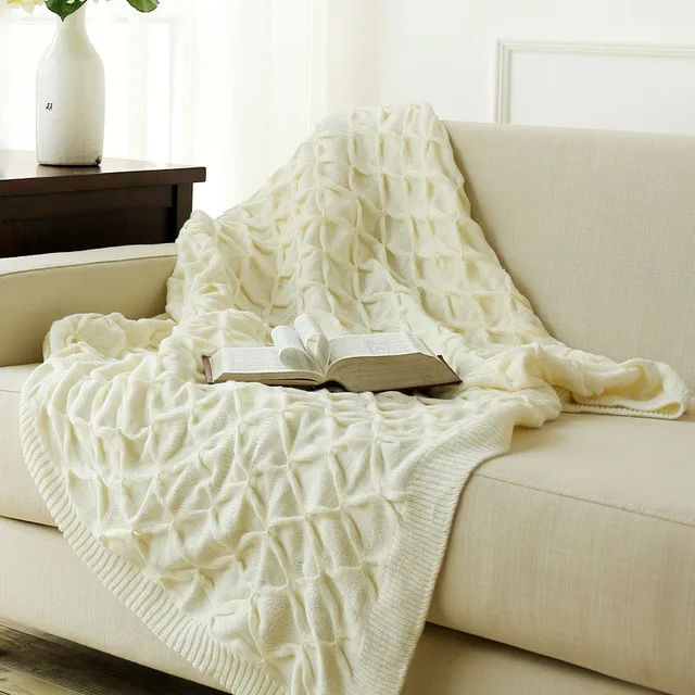 Knitted White Throw Blankets, Bed Blanket by 100% cotton