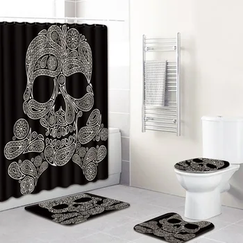

Fashion 4pcs Shower Curtain Suger Skull Bathroom Mat Set 3D Bath Mat Anti Slip Carpet In Toilet Mat Set Fleece Rugs
