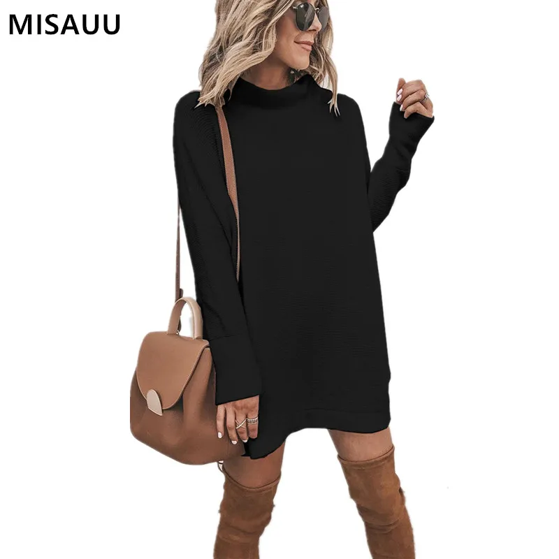 

MISAUU Sexy Solid Black Winter Dress Women Long Sleeve Loose Mini Dress Elegant Autumn Turtleneck Female Short Party Club Dress