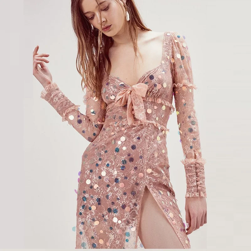 

Dot Sequins Bling bling Sexy Split Square Collar Women Dresses Party Elegant long sleeves pink dress evening new arrival 2019 SS