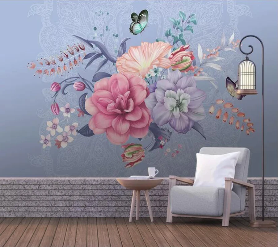 

Decorative wallpaper Minimalistic hand painted floral butterfly marbled wall