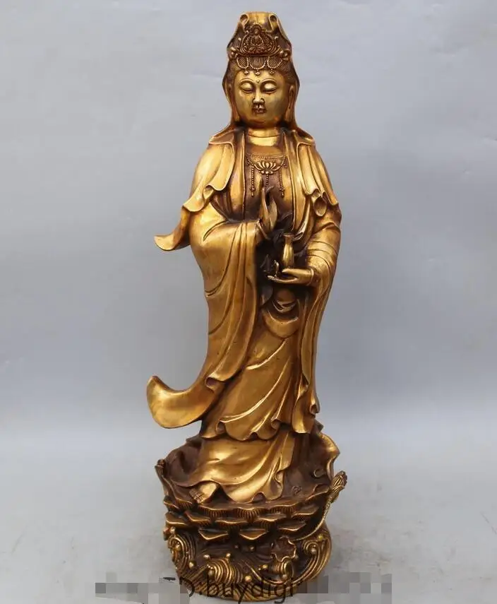 24" Chinese Buddhism Copper Stand Kwan yin Guan Yin Boddhisattva Vase