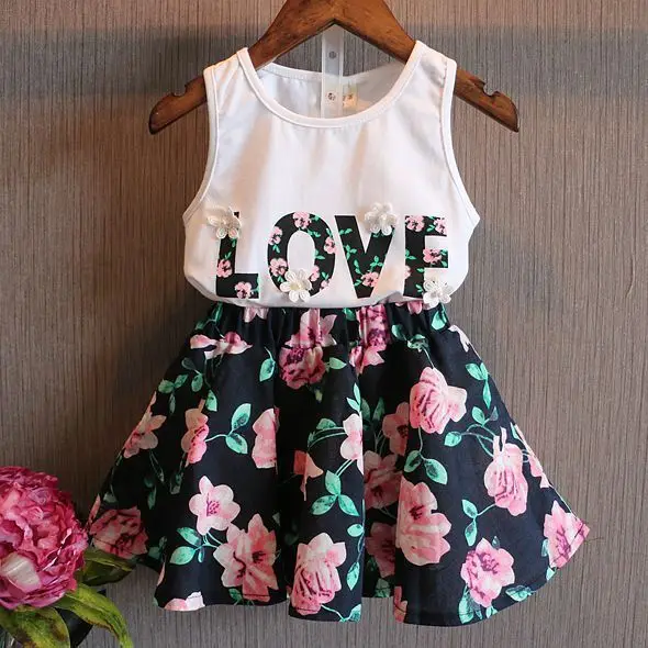 

2019 New Arrival Cute Kid Girls Dress Baby Sleeveless T-shirt Top Floral Lace Dress Suit Outfit 2pcs Lovely Cotton Clothes