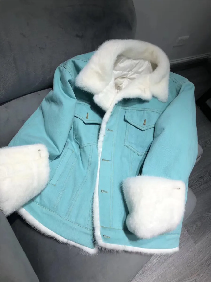 Брендовое пальто с натуральным мехом, зимняя куртка, женская джинсовая парка, натуральный мех норки, утиный пух, пальто, Толстая теплая уличная одежда, повседневная Роскошная
