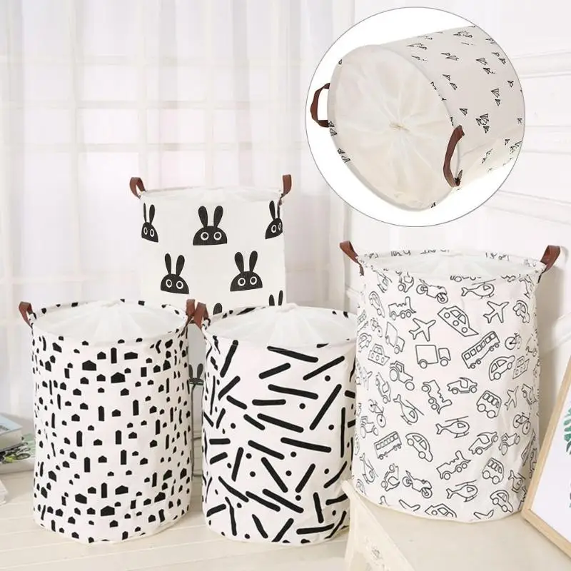 

Folding Drawstring Canvas Laundry Basket Dirty Clothes Kids Toys Container Large Bucket Storage Barrel Organizer Storage Basket