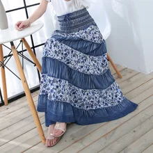 213, Женская юбка, женская,, летняя, тонкая, большой размер, женская, хлопок, лен, юбка, большая, развевается, Цветочный, Национальный стиль, прошитая