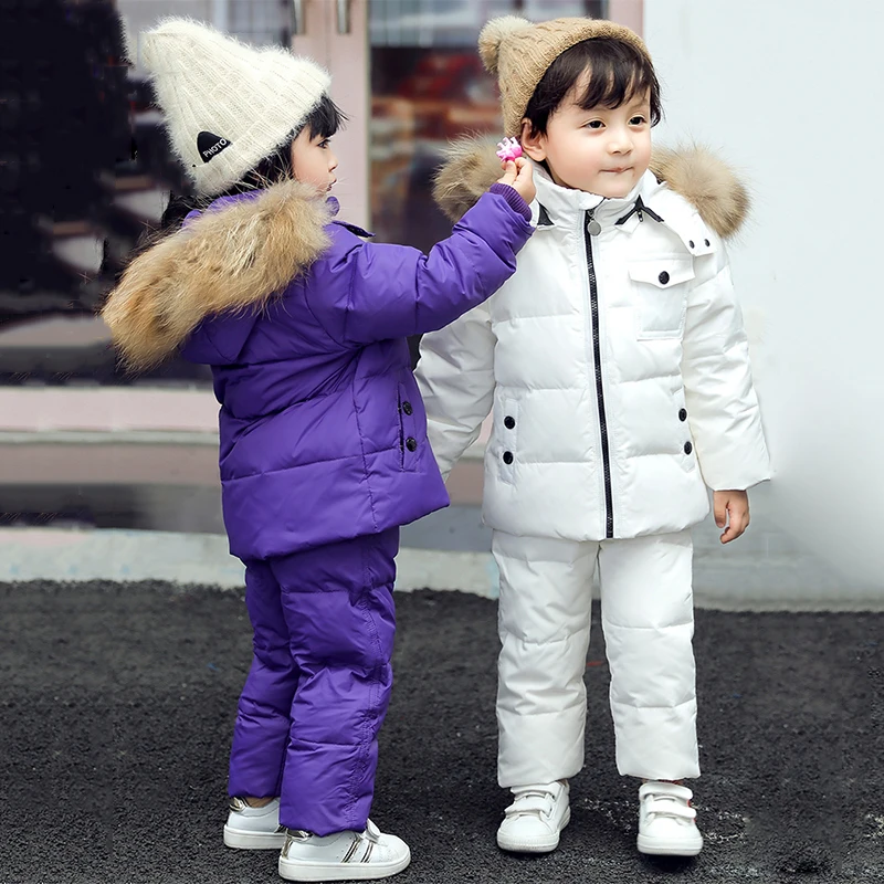

1-5 Years Children Winter Clothes Kids Baby Snowsuit White Duck Down Toddler Boys Girls Skiiing Suits Outwear Coat+Jumpsuit Z409