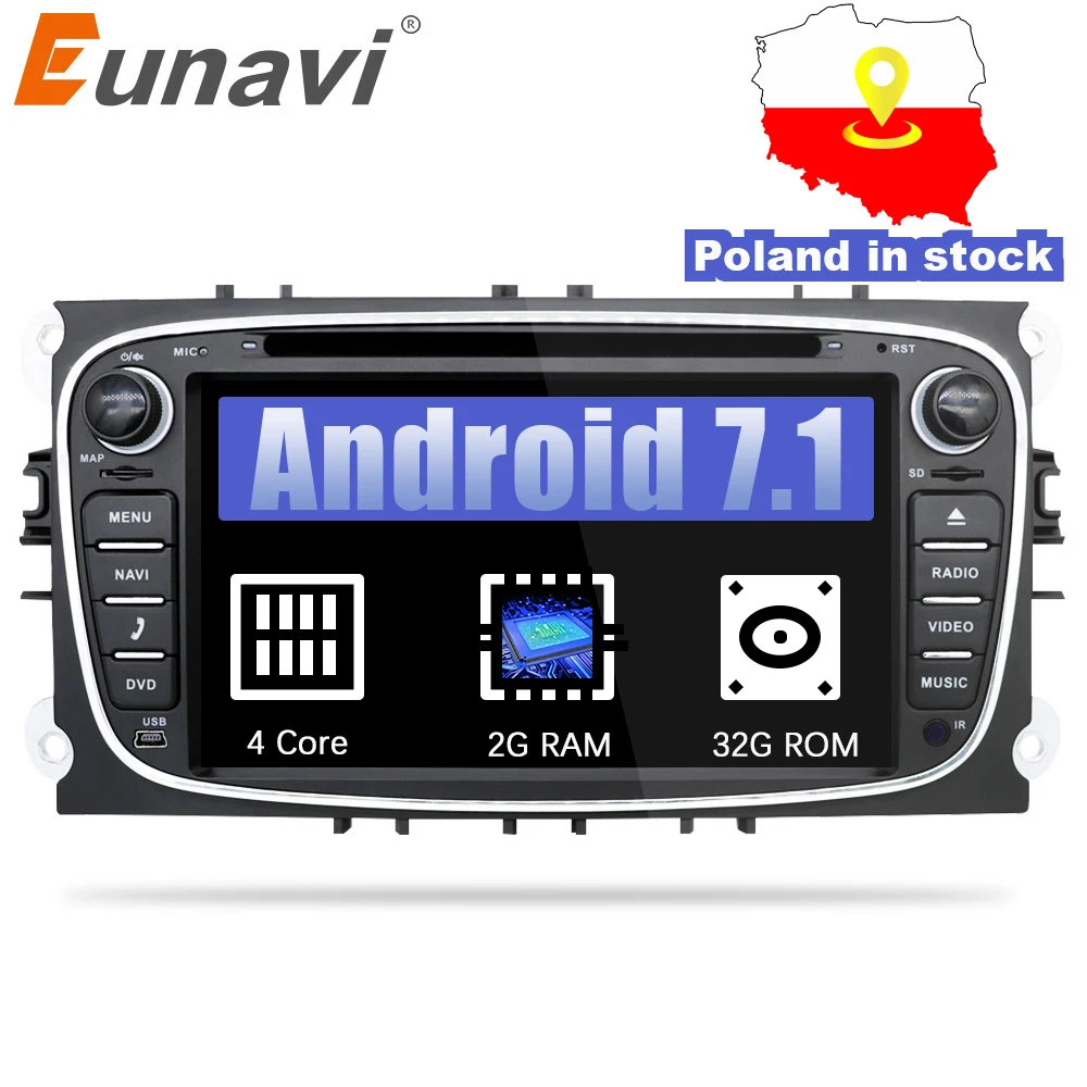 

Eunavi 2 din Android 7.1 Quad Core Car DVD Player GPS Navi for Ford Focus Galaxy with Audio Radio Stereo wifi Head Unit 1024*600