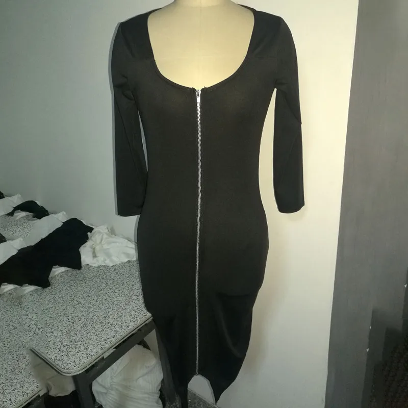 Облегающее платье для женщин спереди на молнии сексуальное женское облегающее платье-карандаш Черное вечернее платье с длинными рукавами 704790
