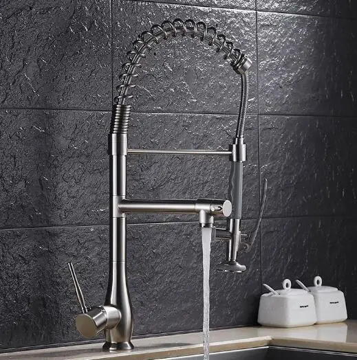 Free Shipping Brass Nickel Spring Pull Out Kitchen Faucet Sink Faucet luxury Hot Cold direct drink