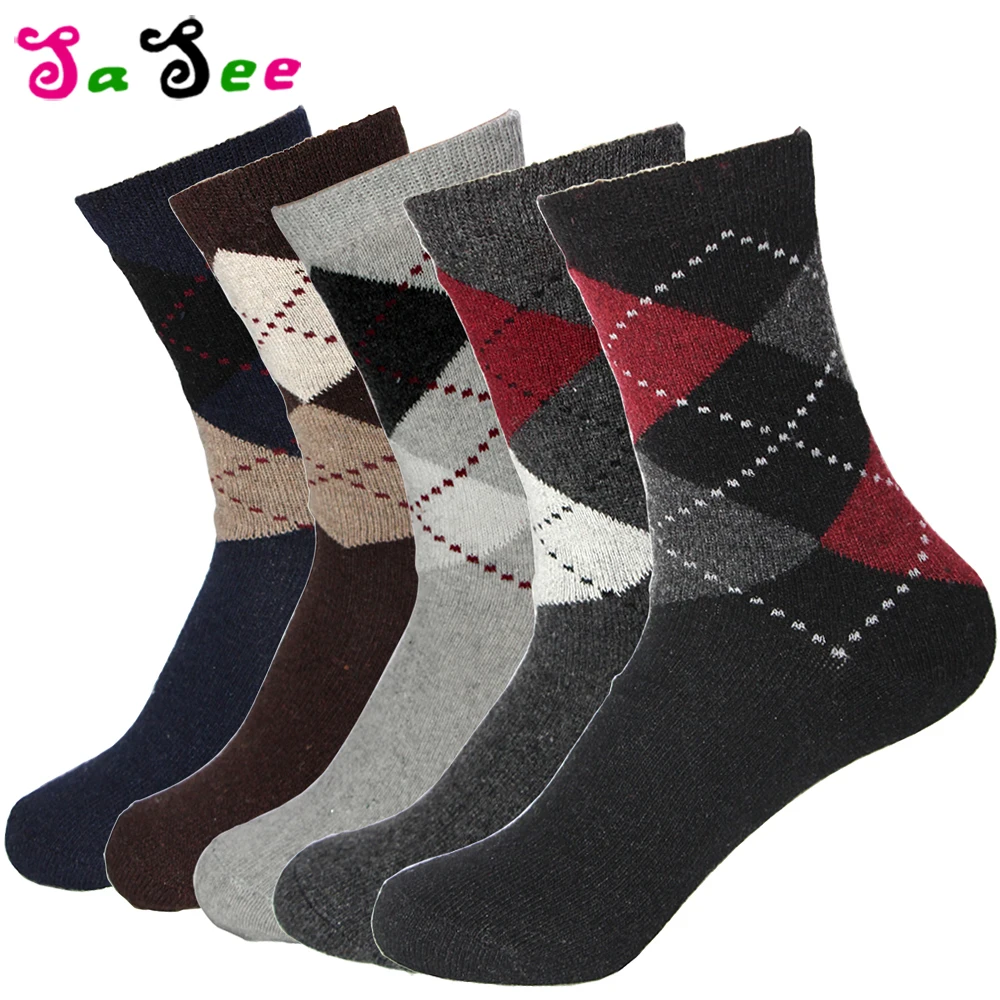 

5 Pair Rabbit Wool Blended Quality Warm Winter Socks Men Breathable Soft Business Harajuku Dotted Line Rhombus Prints Male Meias