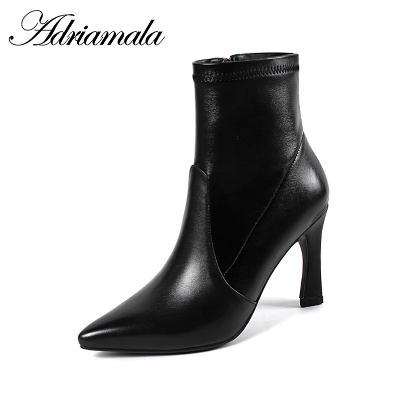 

2018 Genuine Leather Ladies High Heel Boots Pointed Toe Thin Heels Zip Cow Leather Motorcycle Ankle Boots For Ladies Adriamala