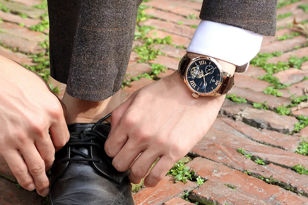 Роскошные механические часы с турбийоном, Мужские автоматические часы, винтажные наручные часы с фазой Луны, кожаный ремешок, Reloj Hombre