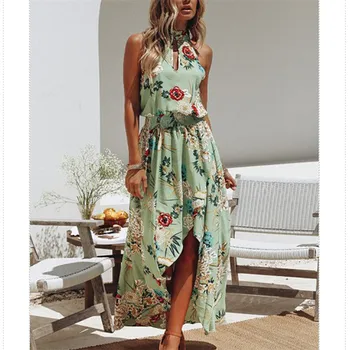 

Fashon Women Sleeveless Boho Floral Print Beach Dress Ladies Summer Casual Turtleneck Asymmetric Vestido Party Maxi Long Dresses