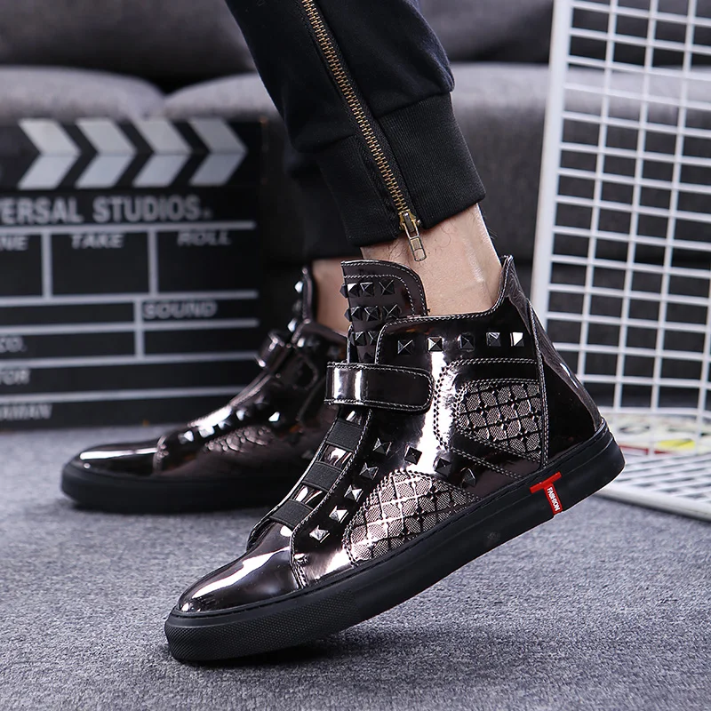 Ovxuan/мужские кожаные уличные кроссовки с высоким берцем; итальянские дизайнерские мужские лоферы с ромбовидными заклепками; модные вечерние мужские повседневные модельные туфли