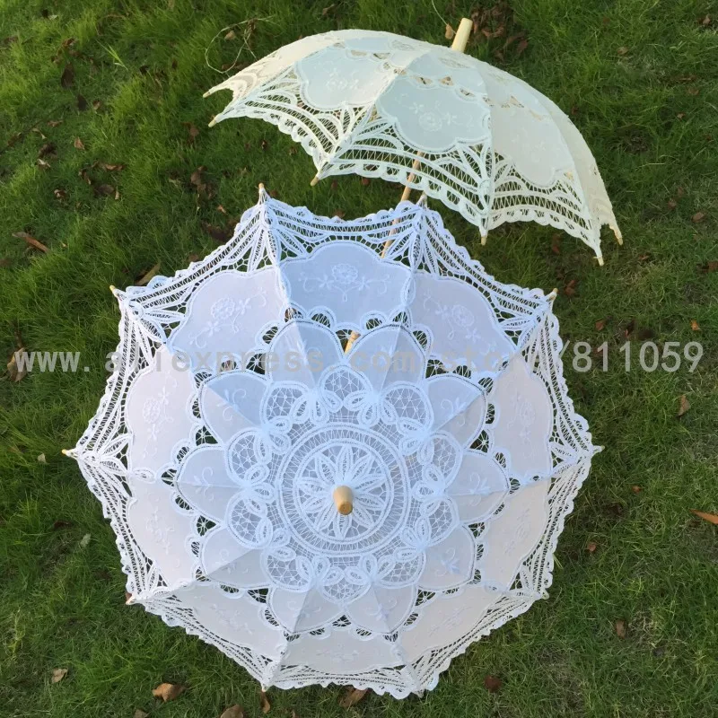 

Free shipping White & beige color Lace Umbrella Wedding Lace Parasol handmade with Cotton Fabric Embroidery Design