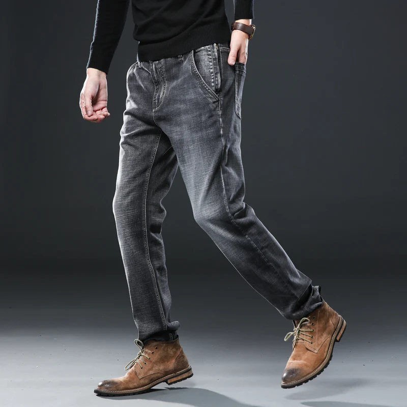 Мужские обычные джинсы, одежда плюс мужские осенние эластичные Стрейчевые джинсы, Прямые классические ковбойские штаны, большие размеры 40, 42, 44, 46, 48