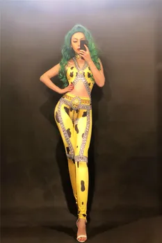 

Yellow Sparkly Crystals Jumpsuit Rhinestones Leggings One Piece Women's Stage Costume Nightclub Dance Bodysuit DJ DS