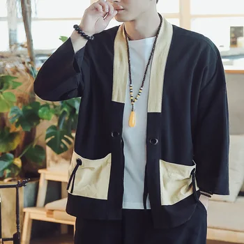 

Summer high street hip hop punk loose kimono coat Chinese style linen cotton kimono Male Male swag skateboard Han jacket A62807