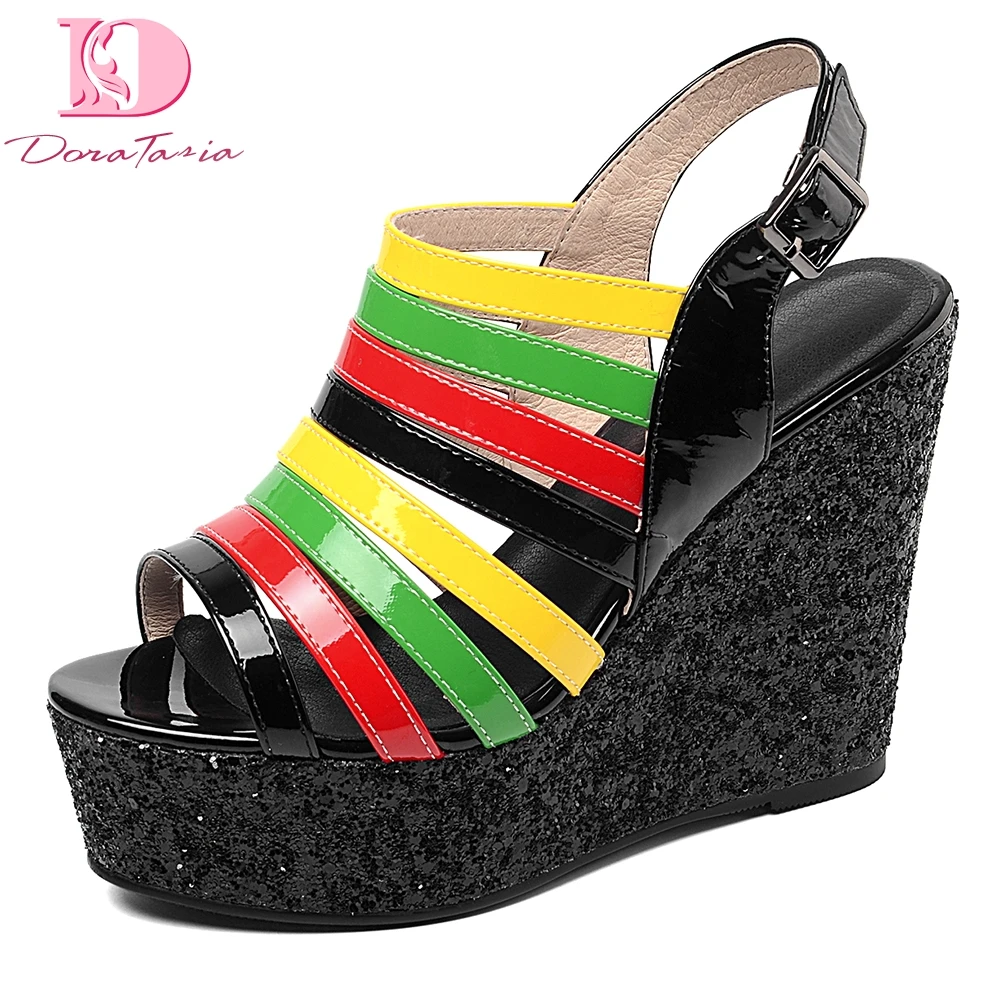 

Brand Gladiator Colorful Genuine Leather Shoes Woman High Heels Summer Platform Sandals Woman Wedges Shoes Woman