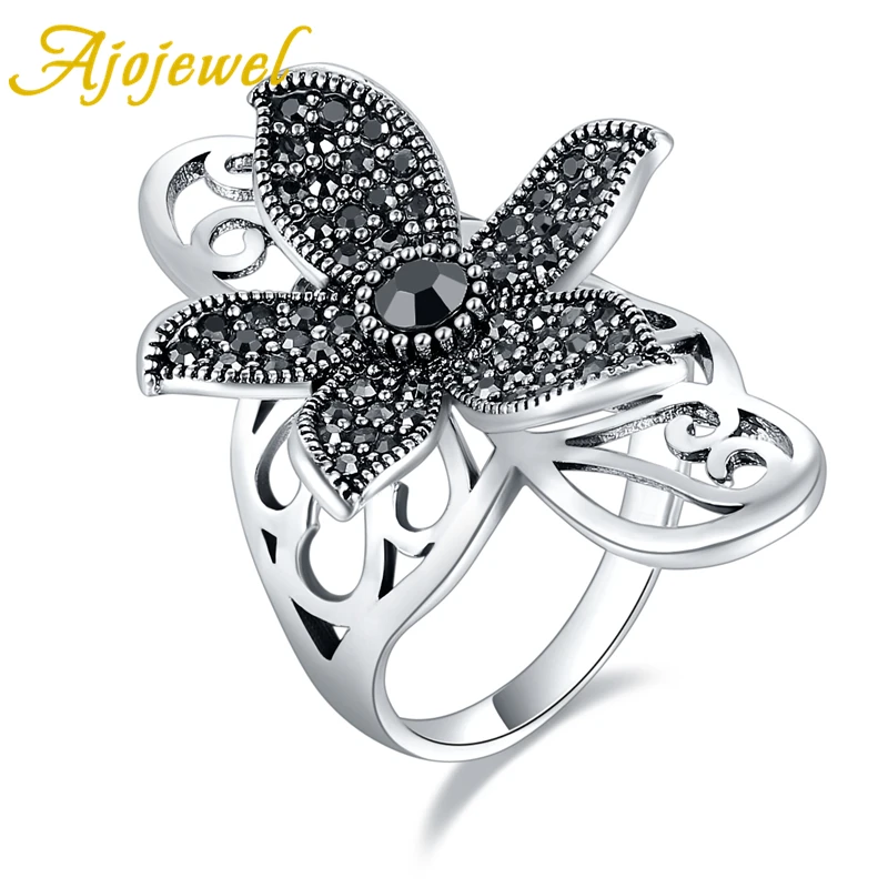 

Ajojewel Size 5.5-9 Vintage Five-leaf flower Ring Women Elegant Hollow Side Black Rhinestone Anel New Female's Gift