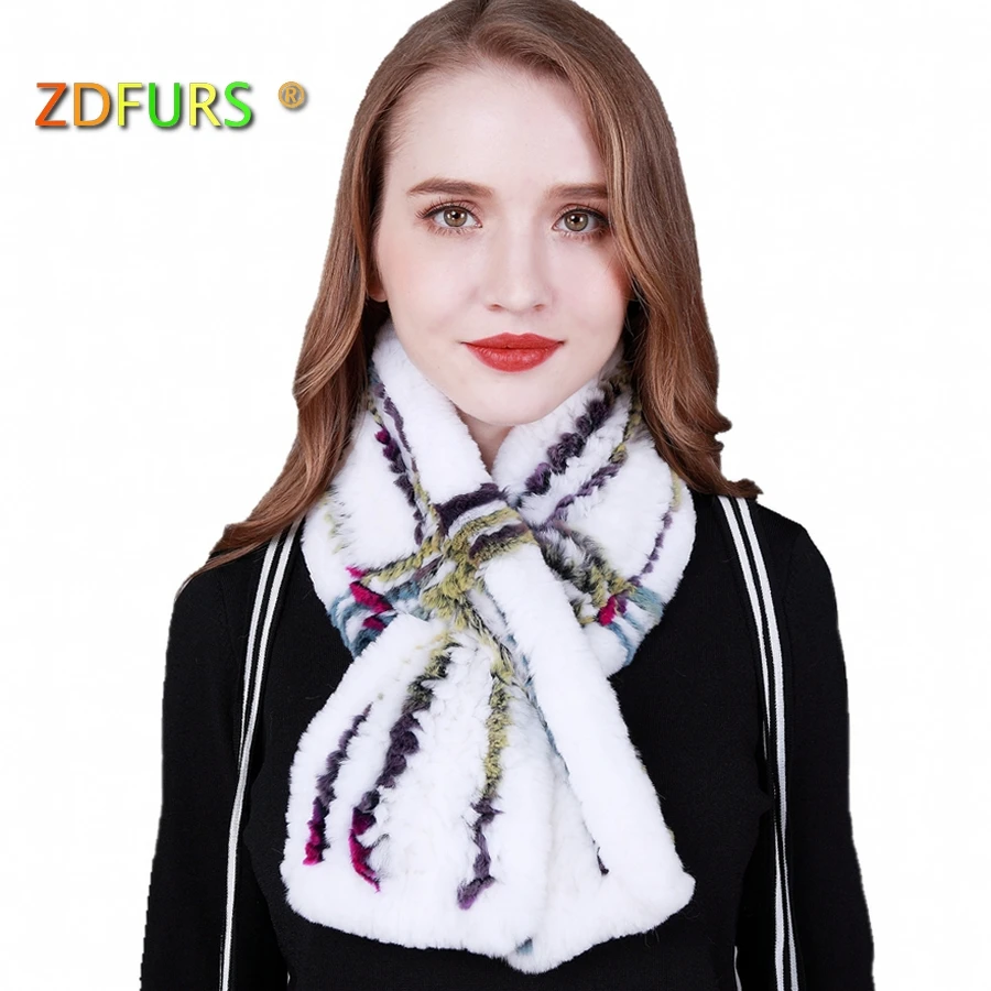 ZDFURS* вязаный мех кролика шарф Для женщин зима платки Шарфы вязаные натурального меха глушитель теплые женские шарфы сетки шарф в полоску