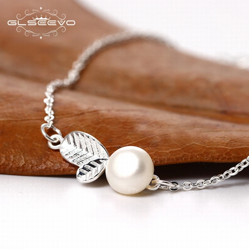 

GLSEEVO Real 925 Sterling Silver Leaf Bracelet For Girls Adjustable Plant Hand Chain Pearl Bracelet Pulseira Fine Jewlery GB0016