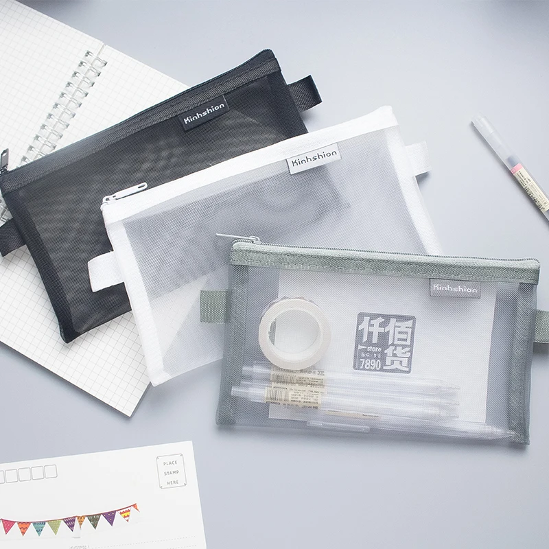 Простые однотонные Цвет Стиль прозрачной сетки Карандаш Чехол для офисного школьная Канцелярия; карандаш коробка для хранения косметических принадлежностей, сумка-мешок