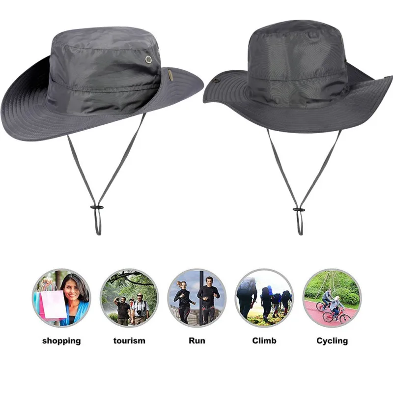 

Fisherman Bucket Cap Wide Brim Adjustable Breathable Waterproof Sunshade Folding Sports Hat Outdoor Sportswear with Chin String