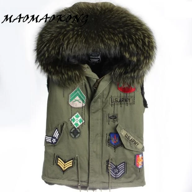 

2017 New Winter Fur Vest Hooded British Style Army Green Color Real Raccoon Fur Collar Women Gilets Brand Hot Sale