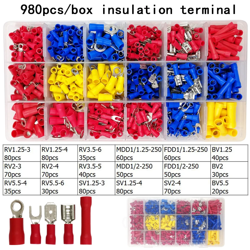 Goede 980 Stks doos Diverse Volledige Geïsoleerde Vork U Set Terminals Connectors Assortiment Kit Elektrische Draad Crimp Spade Ring Terminal