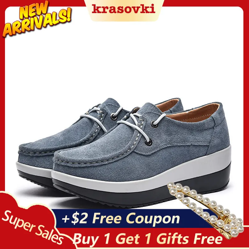 

Krasovki Genuine Leather Slip on Sneakers Women Platform Flats Rocking Shoes Spring Autumn Dropshipping Wedge Sneakers For Women