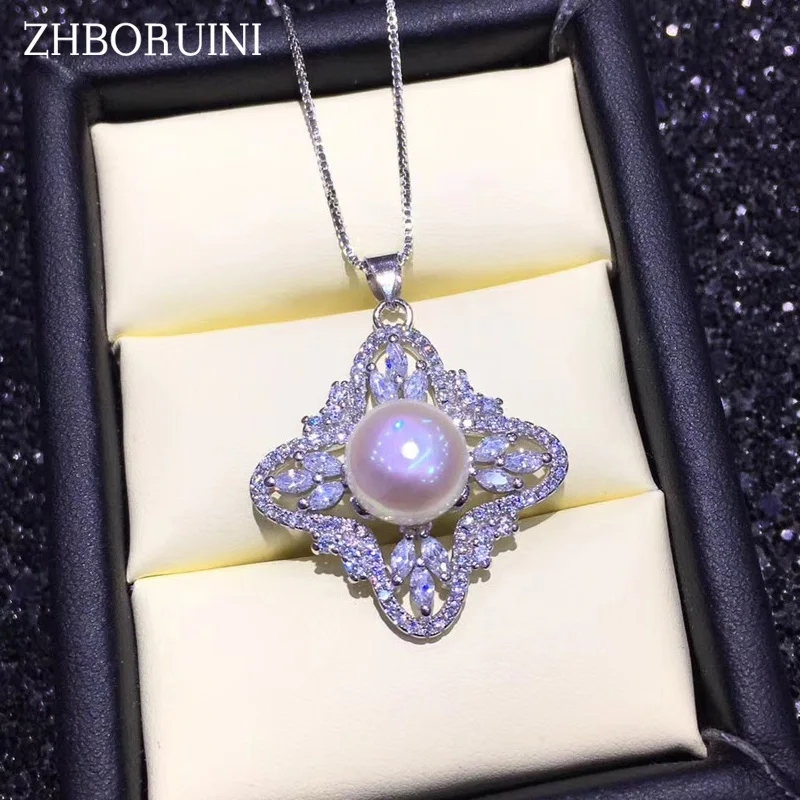 

ZHBORUINI Fashion Pearl Necklace Natural Freshwater Pearl Square Zircon Pendant 925 Sterling Silver For Woman Pearl Jewelry Gift