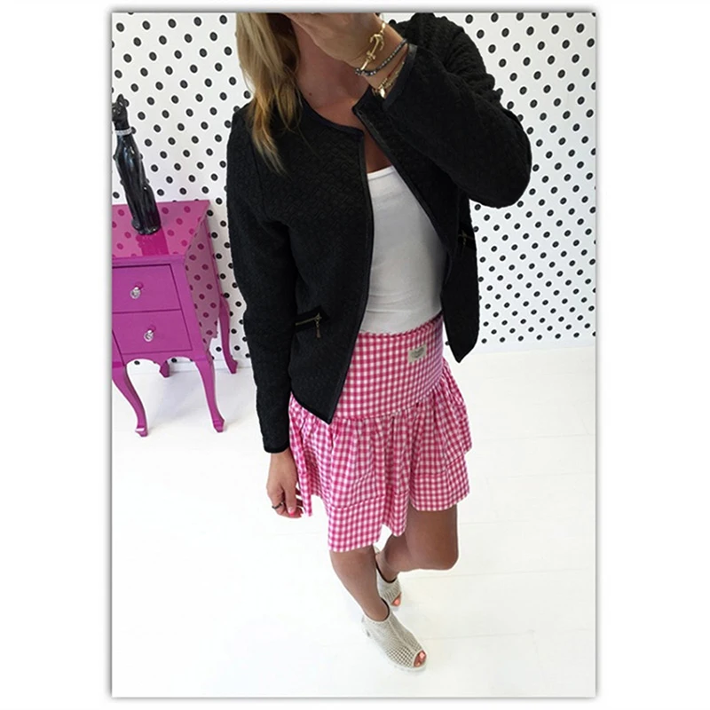 2016 женщин Новый бренд куртка Мода Твердые черный белый серый плед повседневная