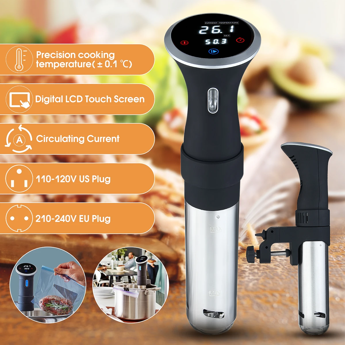 

1000W 110-120V US/210-240V EU Sous Vide Precision Cooker Black Digital LCD Touch' Screen Stainless Steel Sous-Vide Style Timing'