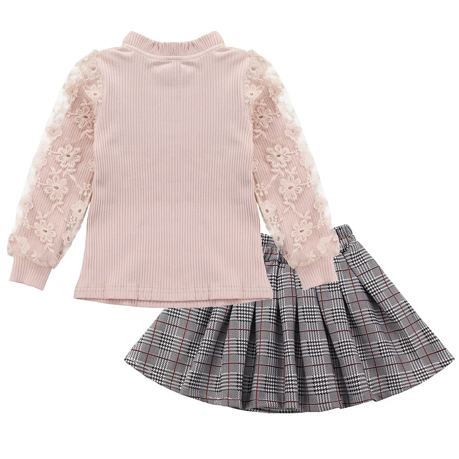 Коллекция года, Осенняя детская одежда для маленьких девочек, футболка с длинными рукавами+ юбка в клетку, повседневные костюмы из 2 предметов, комплекты одежды для отдыха для девочек