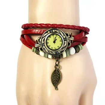 

New Fashion 1PC Womens Bracelet Watch Vintage Weave Wrap Quartz Watch Mens Classic Leather Leaf Beads Wrist Watches Reloj #YL5