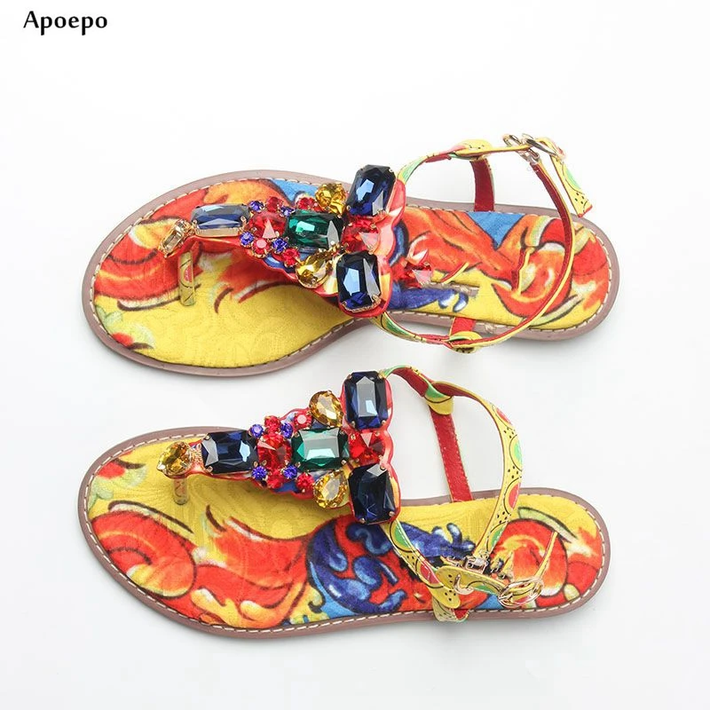 Apoepo Rome Style Thong Sandal Summer Sexy Crystal Embellished Flat Sandal Printed Leather Flip-flops Gladiator Sandal