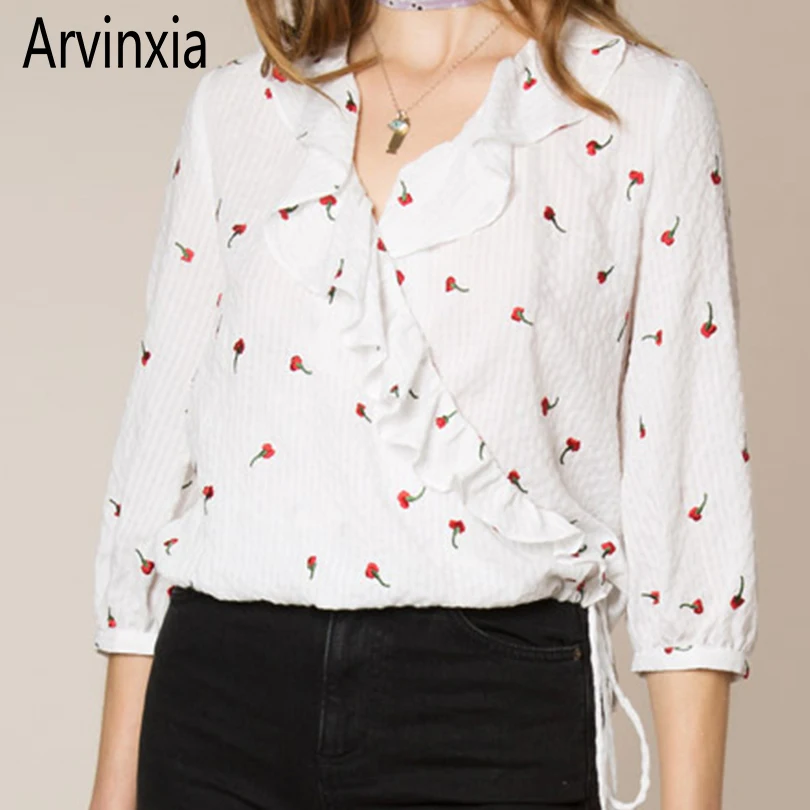 

Arvinxia ZA Sexy Ruffles Cherry Printed V Neck Woman Blouse New Lace Up Deep Low-V Lady Blusas Fashion Loose Long Sleeves Shirts
