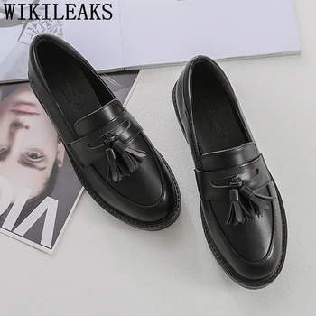 Zapatos Harajuku planos con flecos para Mujer, mocasines negros, cómodos, Oxford, Buty Damskie