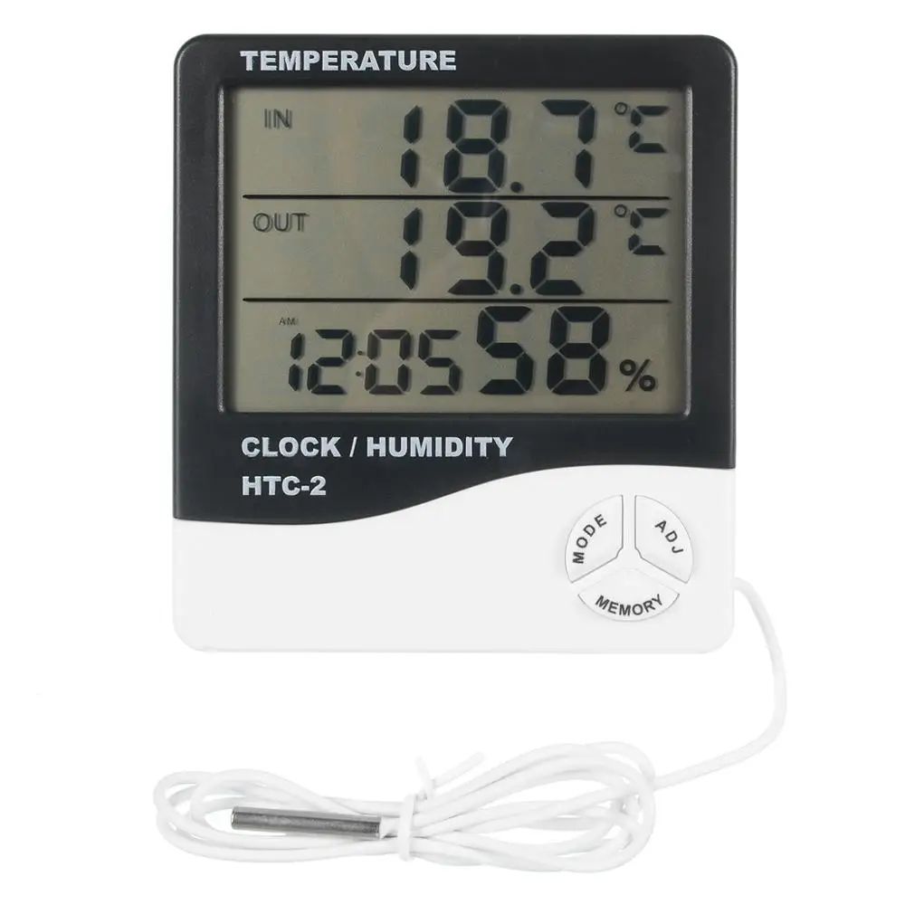 

LCD Electronic Temperature Humidity Meter Indoor Outdoor Digital Thermometer Hygrometer Weather Station Alarm Clock HTC-2