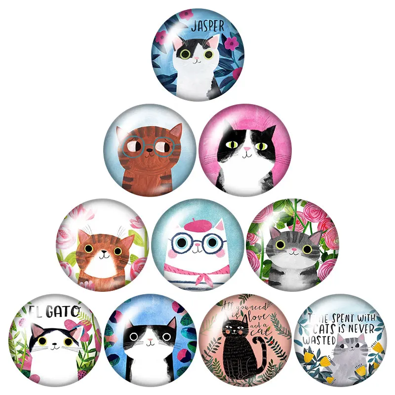 

Beauty Cartoon Lovely Cats Dogs 10pcs mixed 12mm/16mm/18mm/25mm Round photo glass cabochon demo flat back Making findings