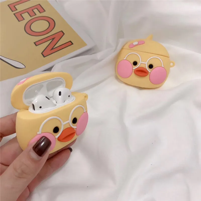 

3D Cartoon Yellow Duck Bluetooth Wireless Headphone Case Soft Silicone Earphone Cover For Airpods 1 2 Charging Box