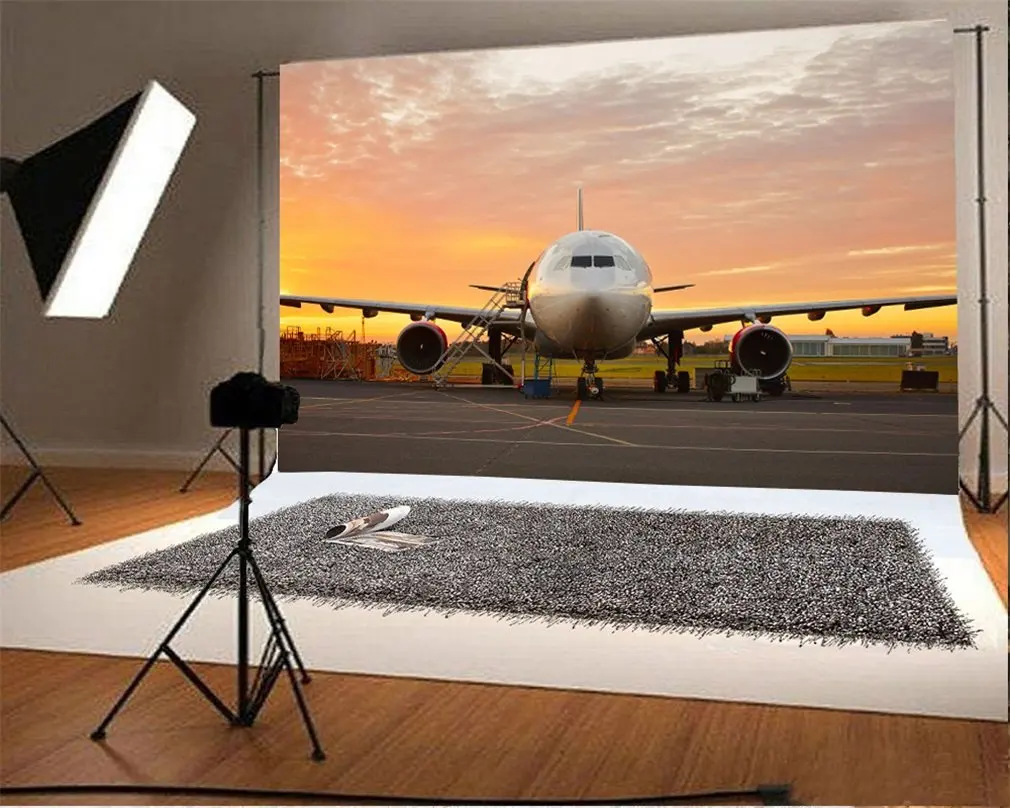 Photography Backdrop Airplane Parking Square Grass Field Colorful Sky Nature Travel Photo Background Party | Электроника
